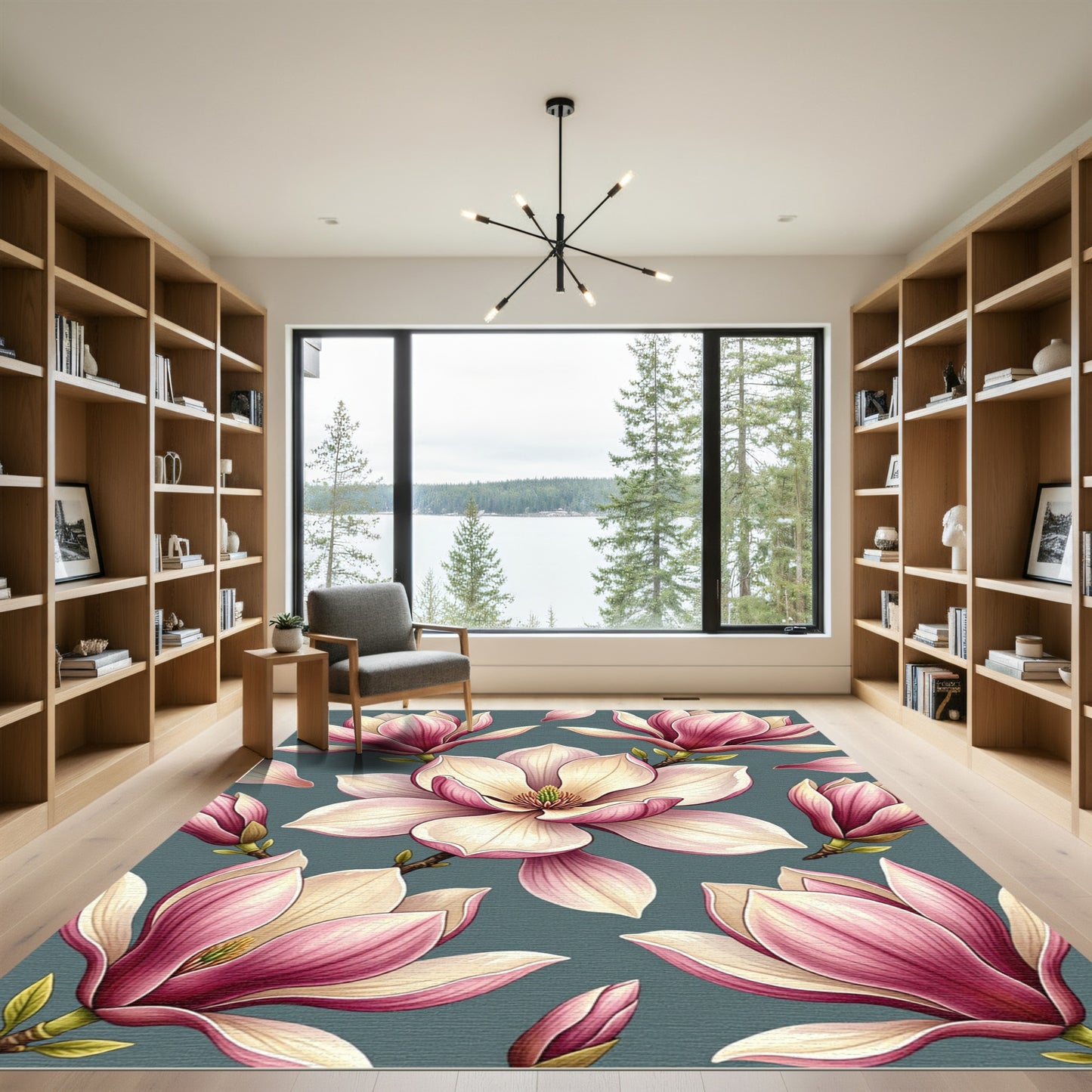Elegant Pink Magnolia Floral Botanical Rug