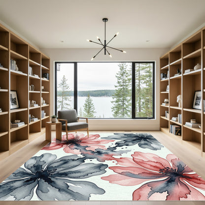 Watercolor Pink and Charcoal Abstract Floral Rug