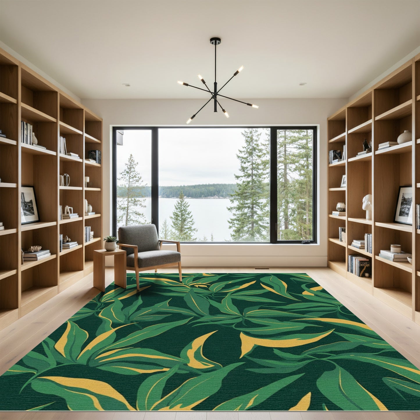 Deep Green Gold Leafy Pattern Rug