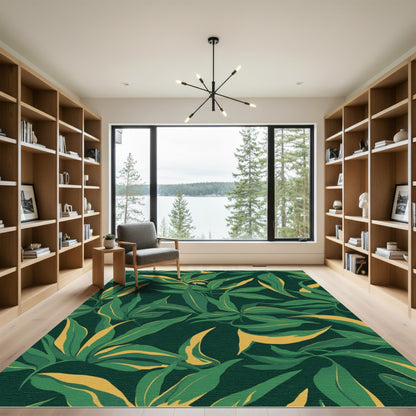 Deep Green Gold Leafy Pattern Rug