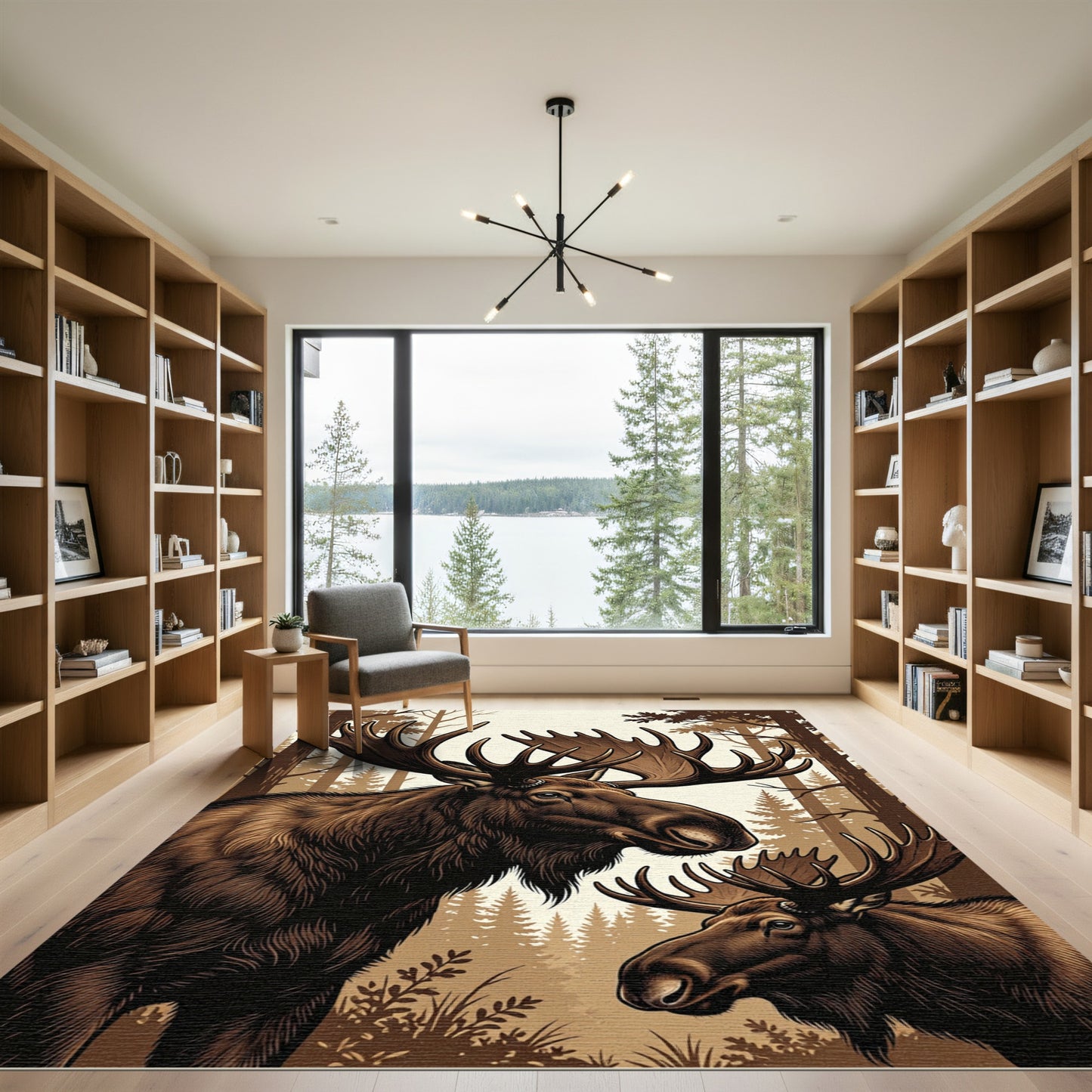 Majestic Brown Moose Forest Illustration Rug