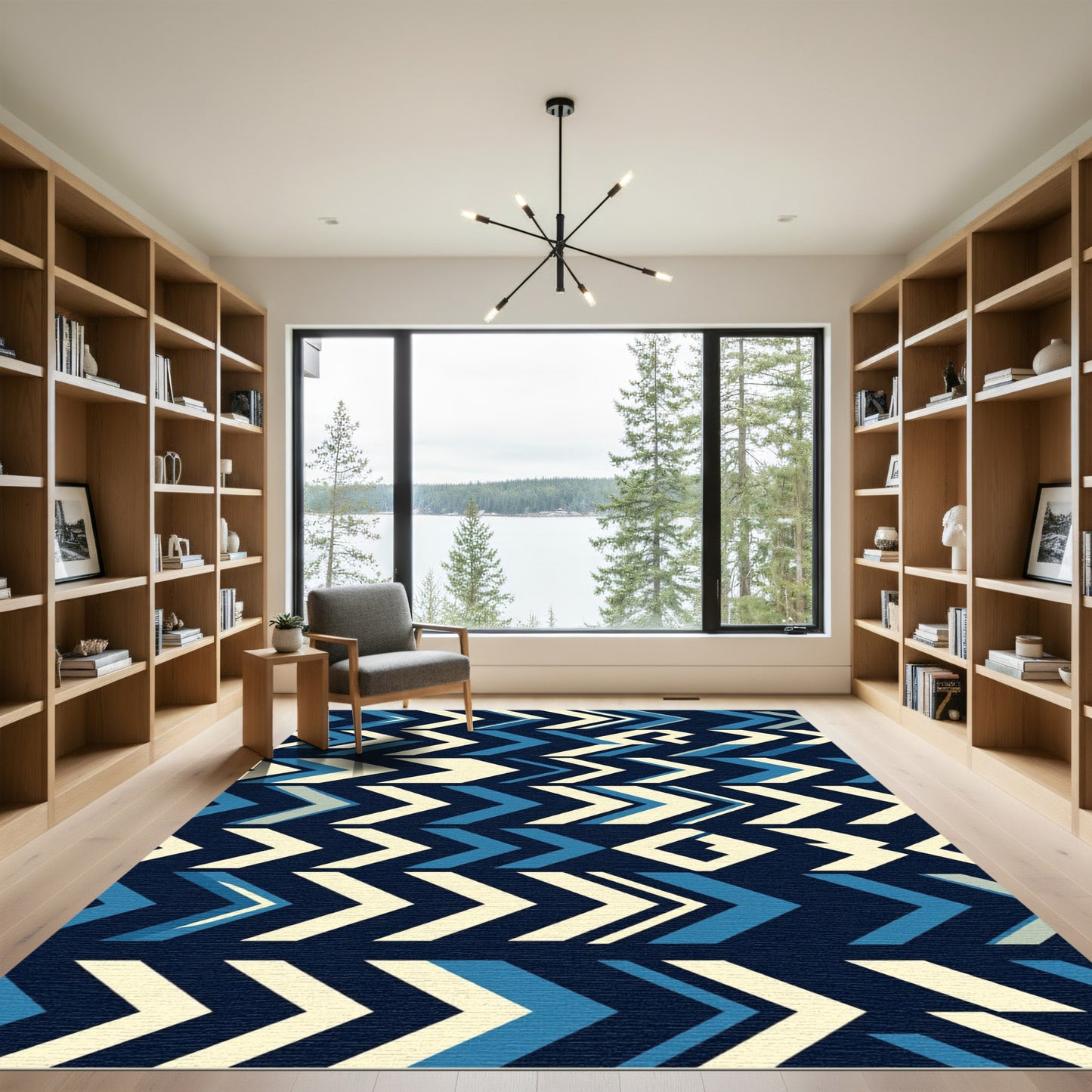 Modern Blue Cream Angular Chevron Zigzag Rug