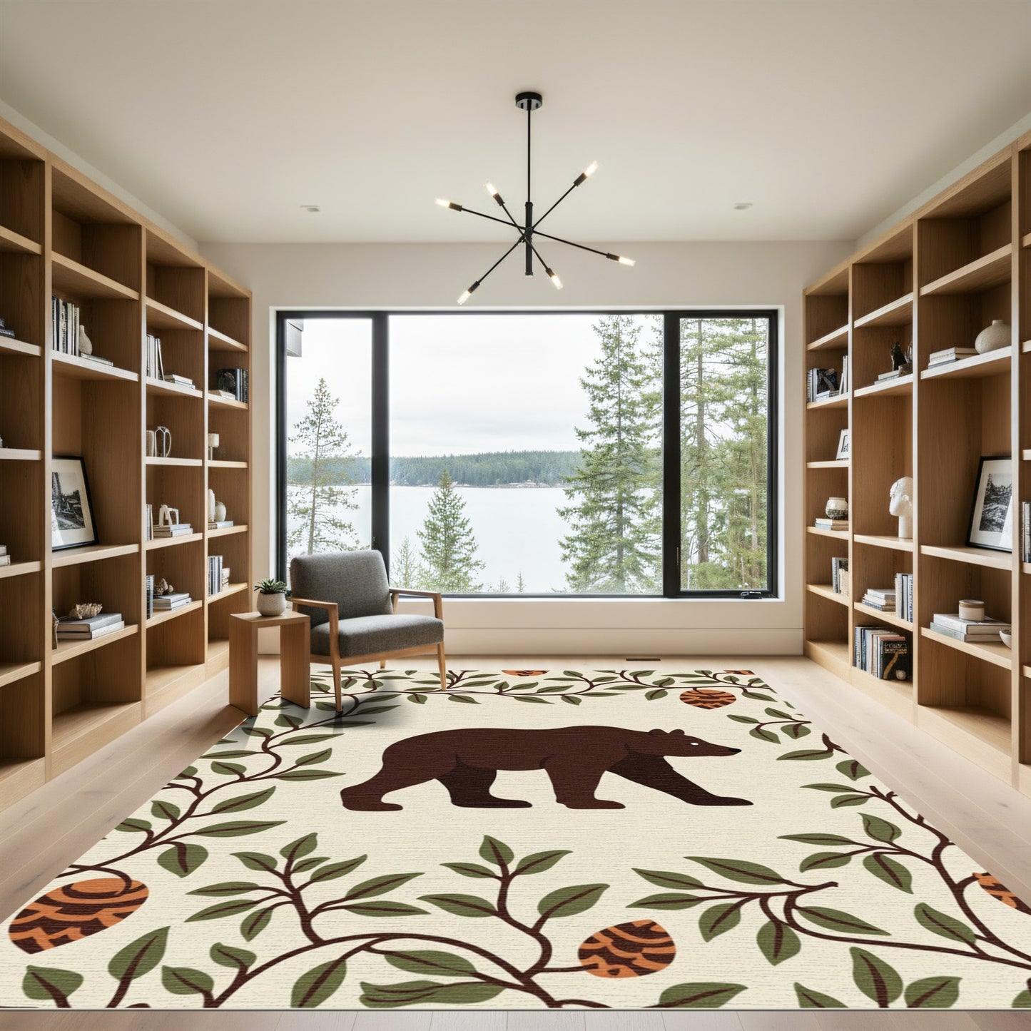 Brown Bear Pinecone Surrounded Vines Rug