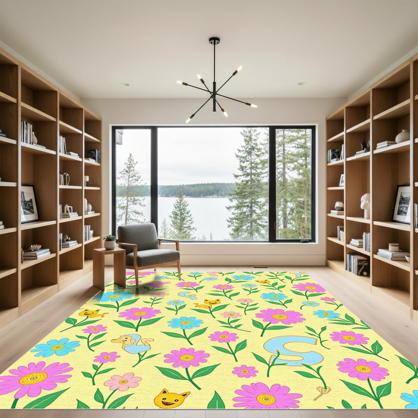 Yellow Floral Cartoon Animals Alphabet Rug