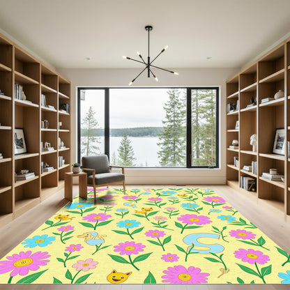 Yellow Floral Cartoon Animals Alphabet Rug