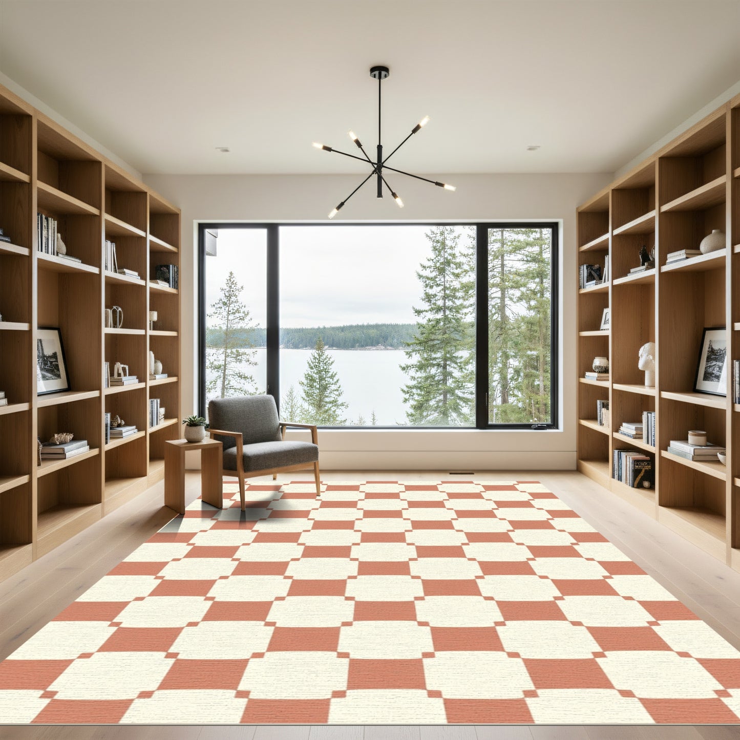 Terracotta Cream Checkerboard Squares Rug