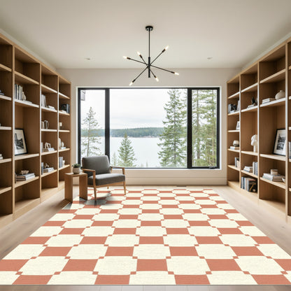 Terracotta Cream Checkerboard Squares Rug