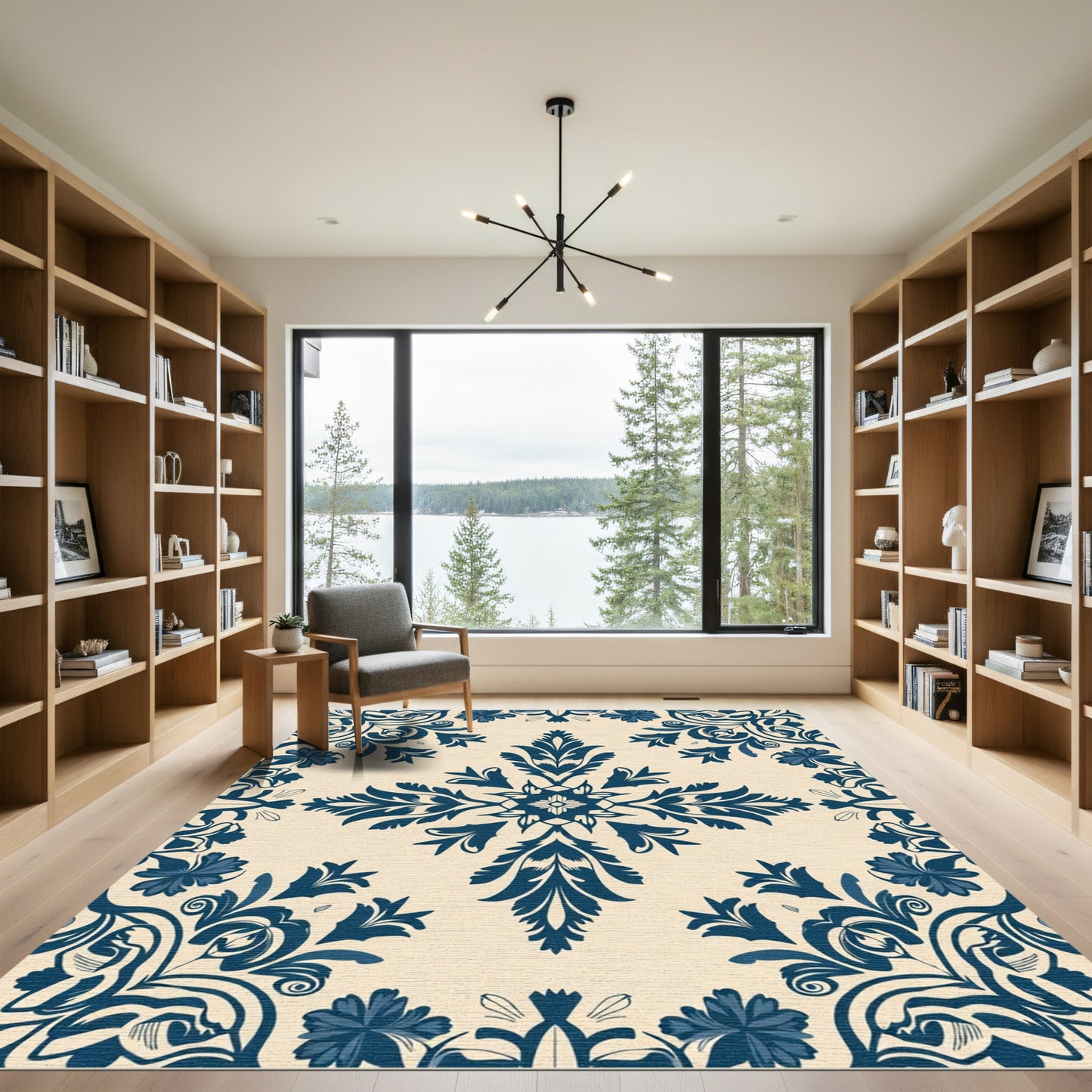 Dark Blue Floral Damask Medallion Rug