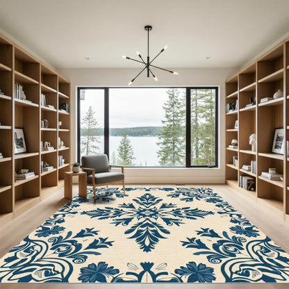 Dark Blue Floral Damask Medallion Rug
