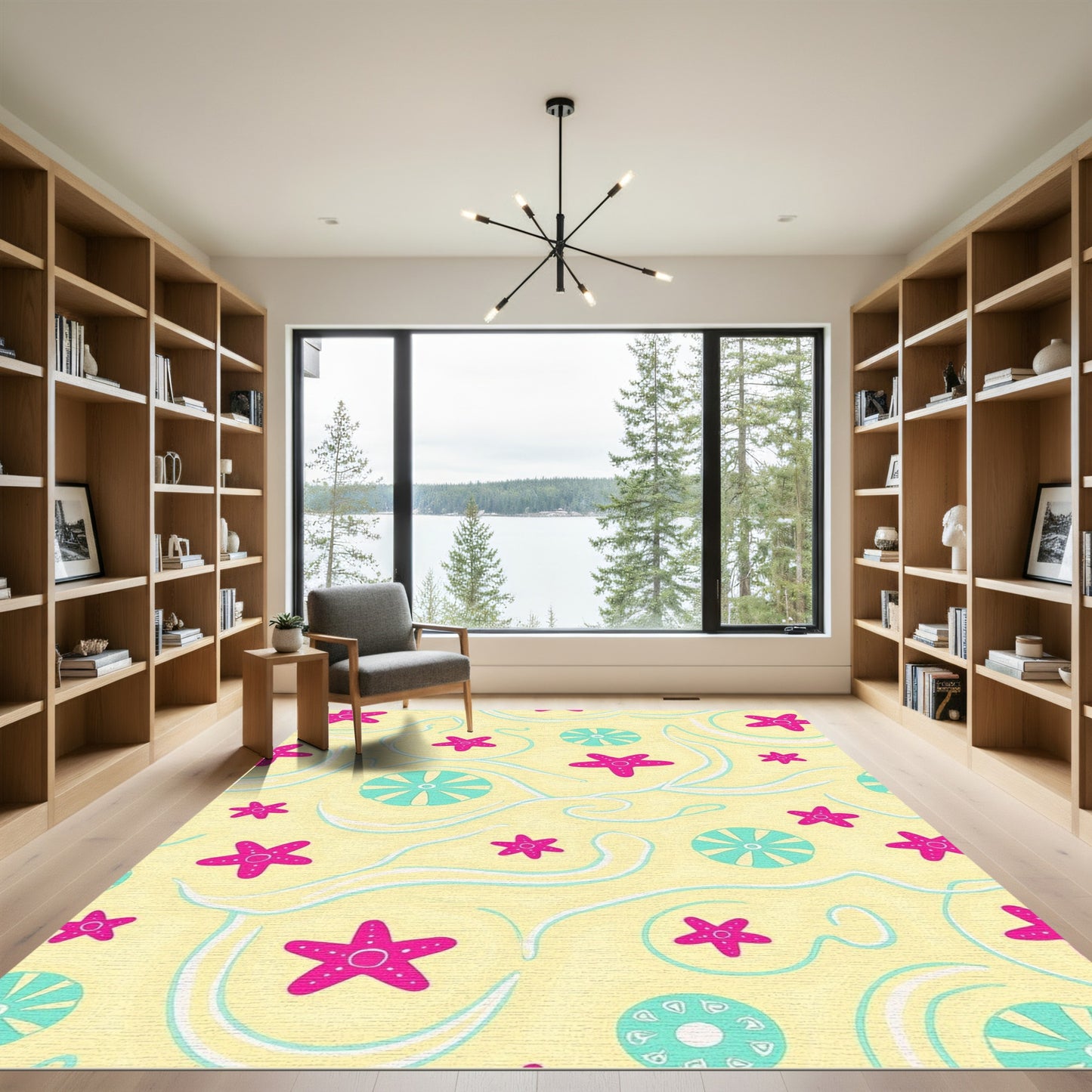 Pink Starfish Aqua Circles Yellow Waves Rug