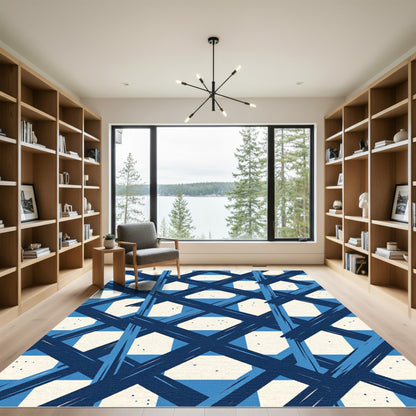 Navy Blue White X Grid Rug