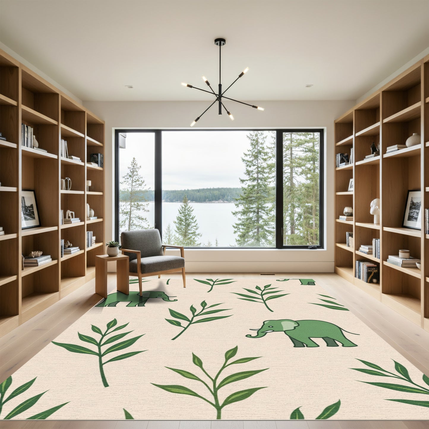 Green Elephants and Leafy Branches Rug