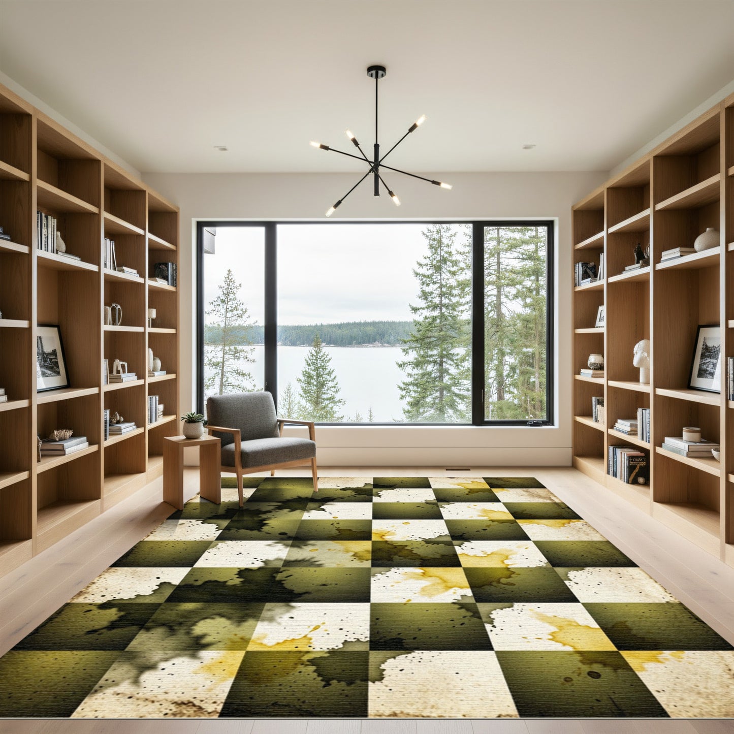 Distressed Olive Green Ink Splatter Grid Rug