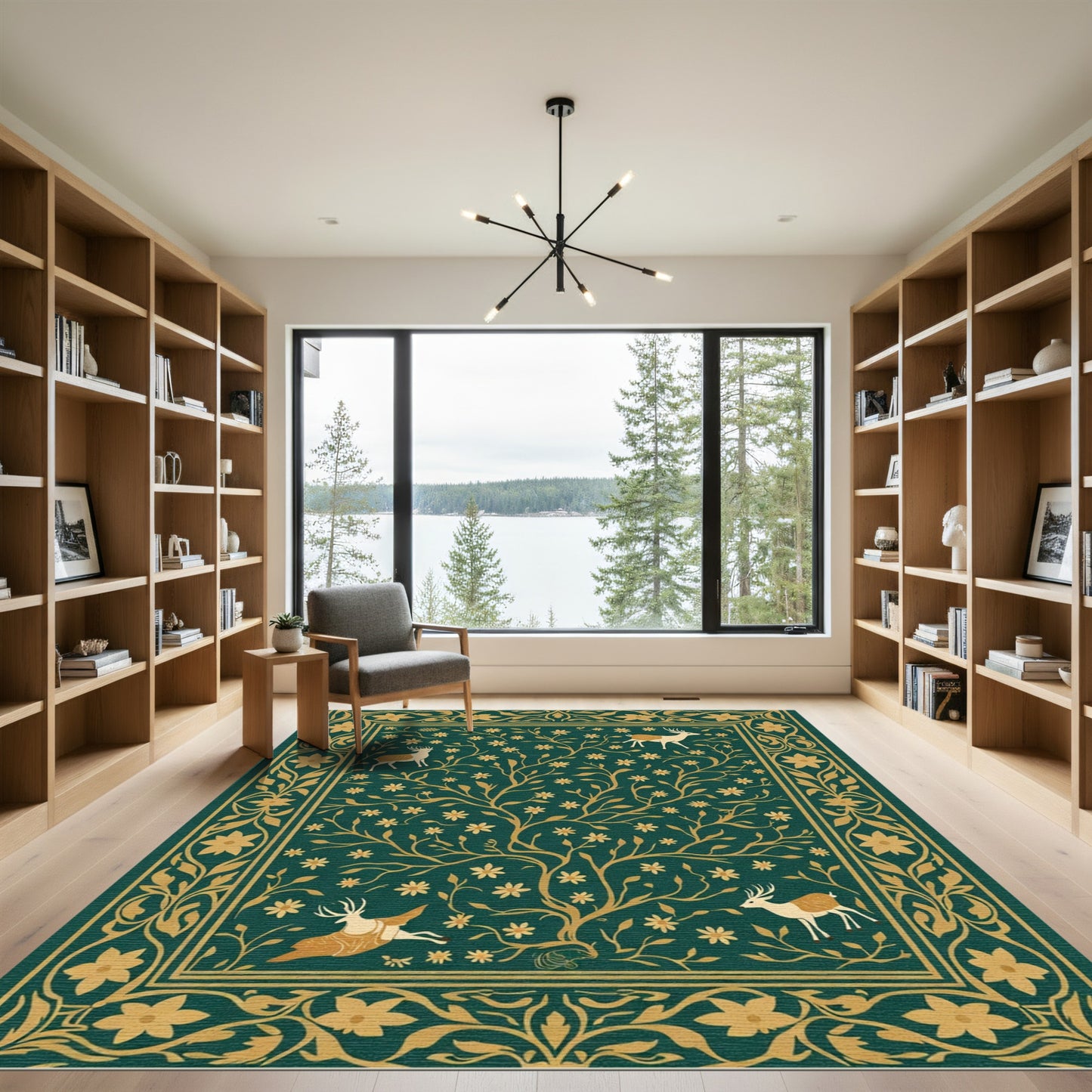 Verdant Green Golden Deer Forest Rug