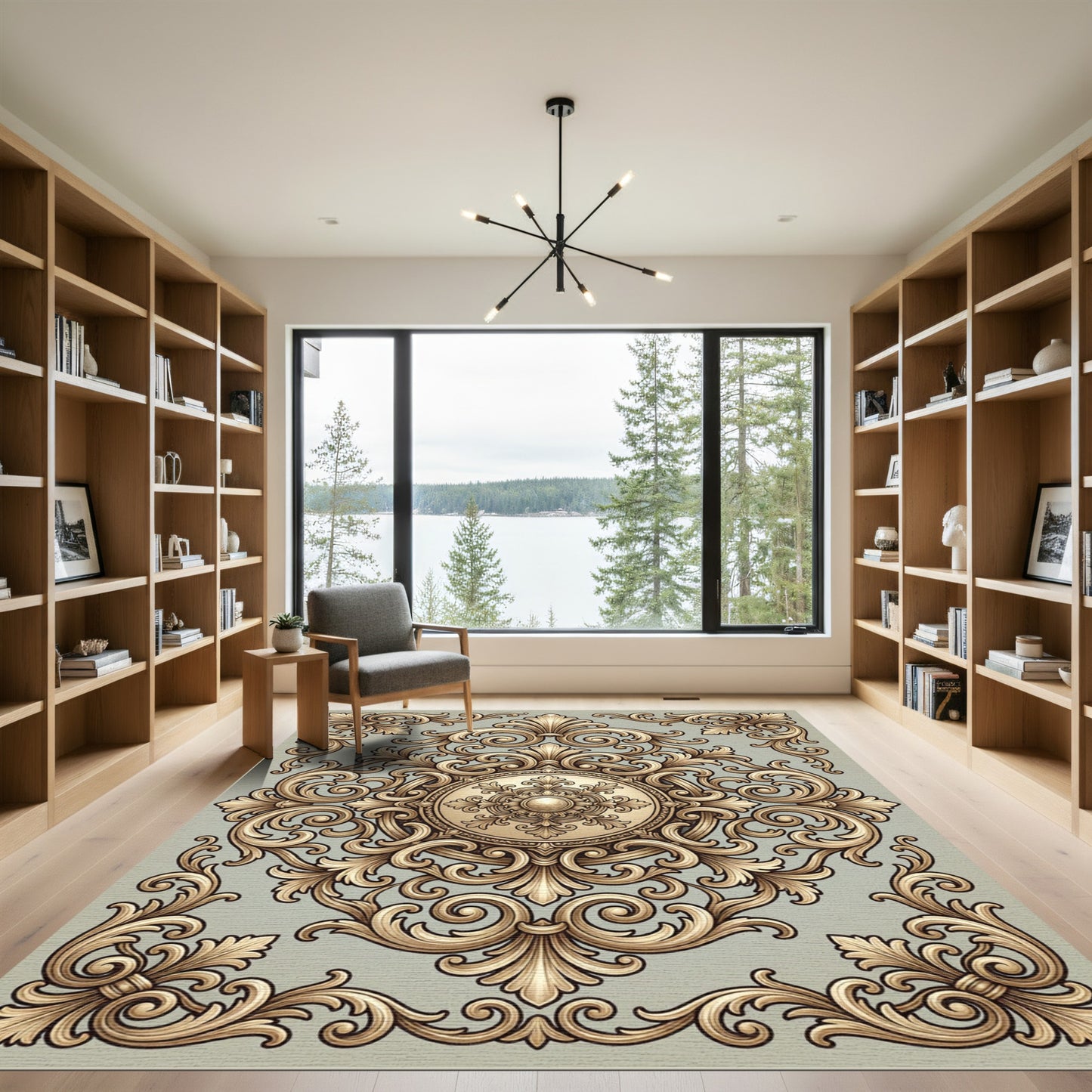 Golden Baroque Swirl Medallion Rug