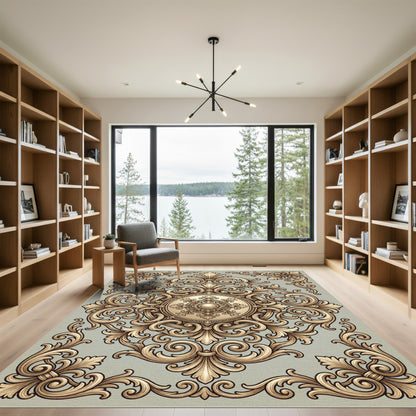 Golden Baroque Swirl Medallion Rug