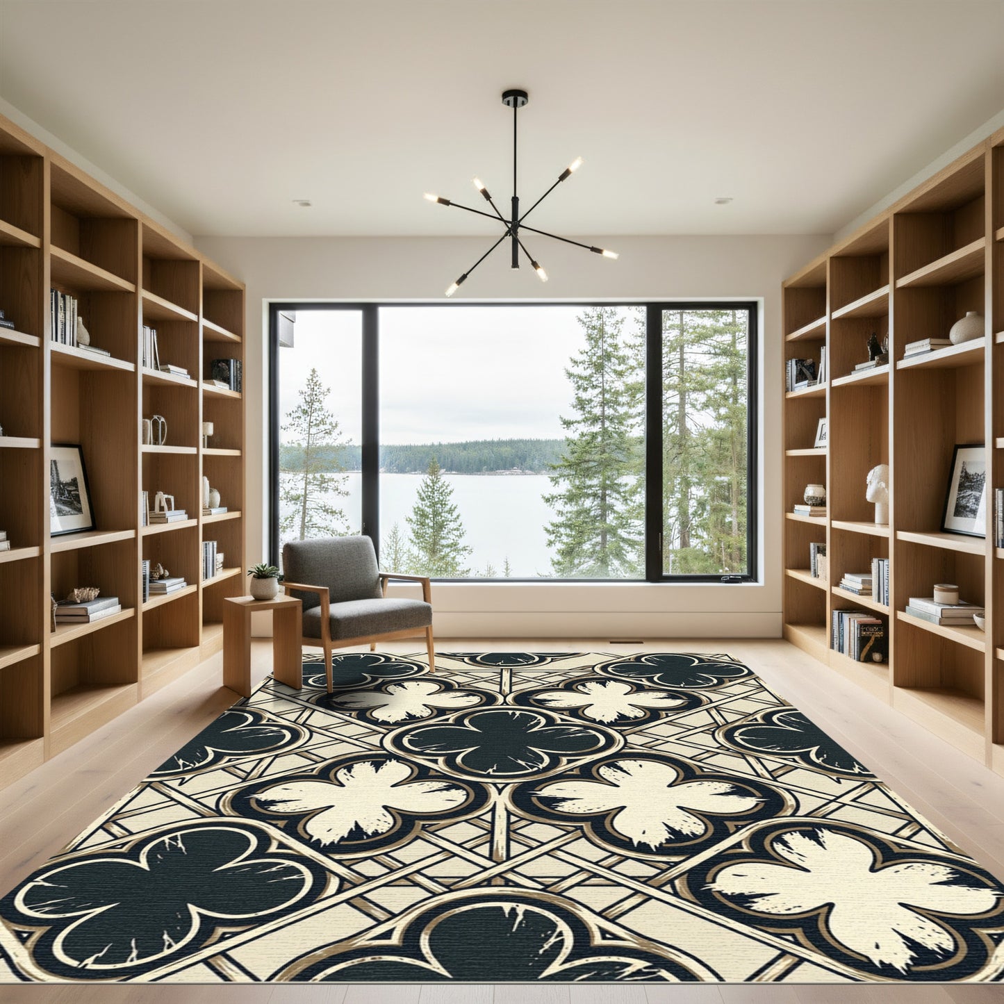 Gothic Black and Cream Quatrefoil Grid Rug