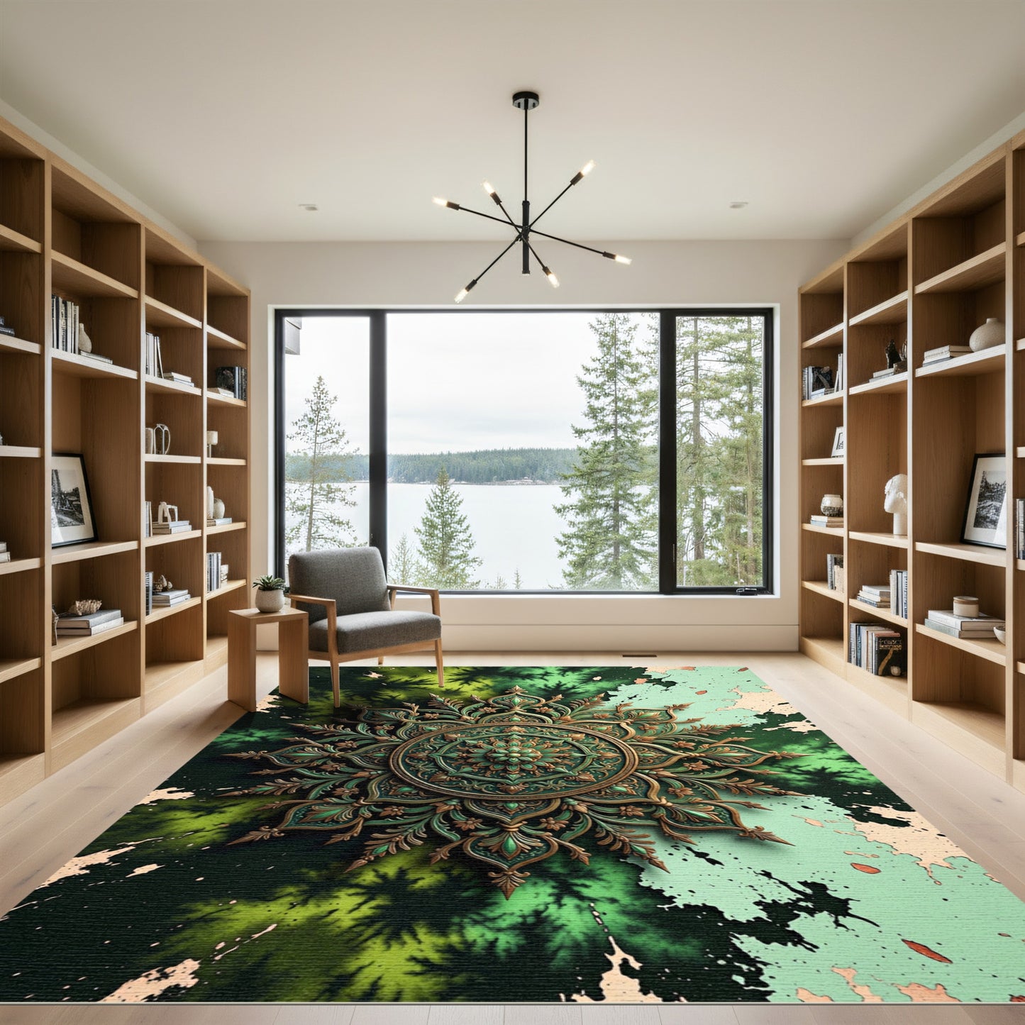Ethereal Emerald Golden Ornate Mandala Rug