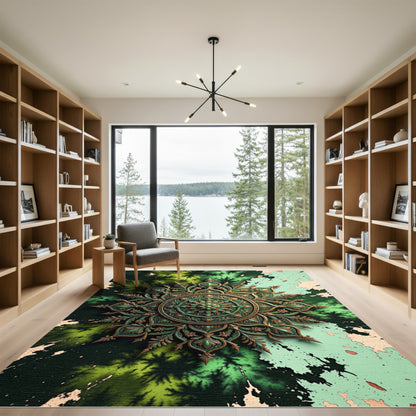 Ethereal Emerald Golden Ornate Mandala Rug