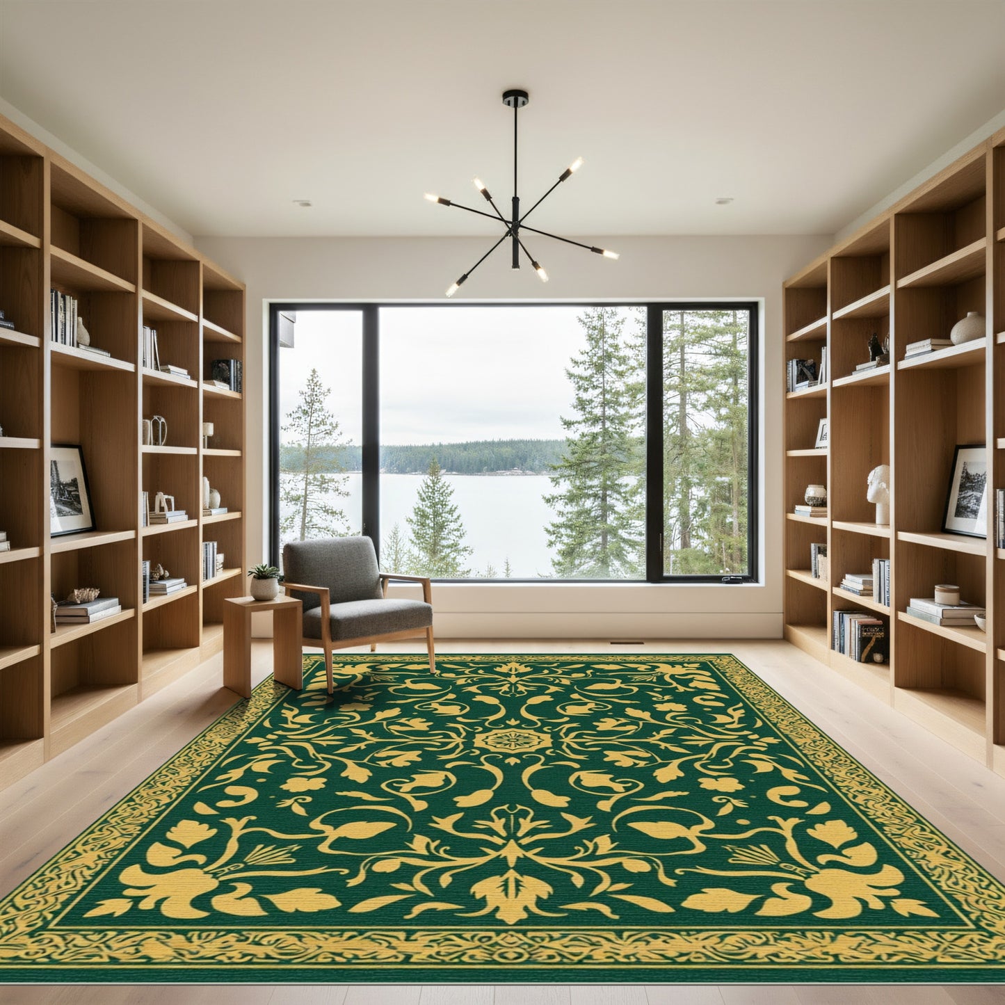 Emerald Golden Damask Floral Scroll Rug