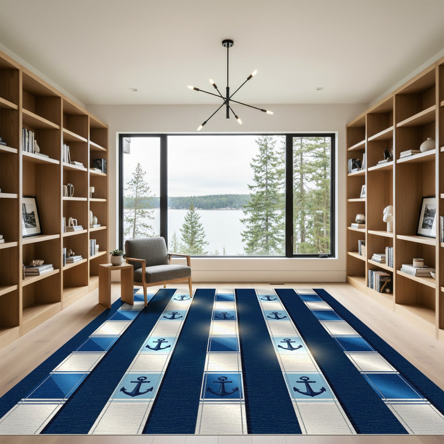 Navy Striped Nautical Anchor Rug