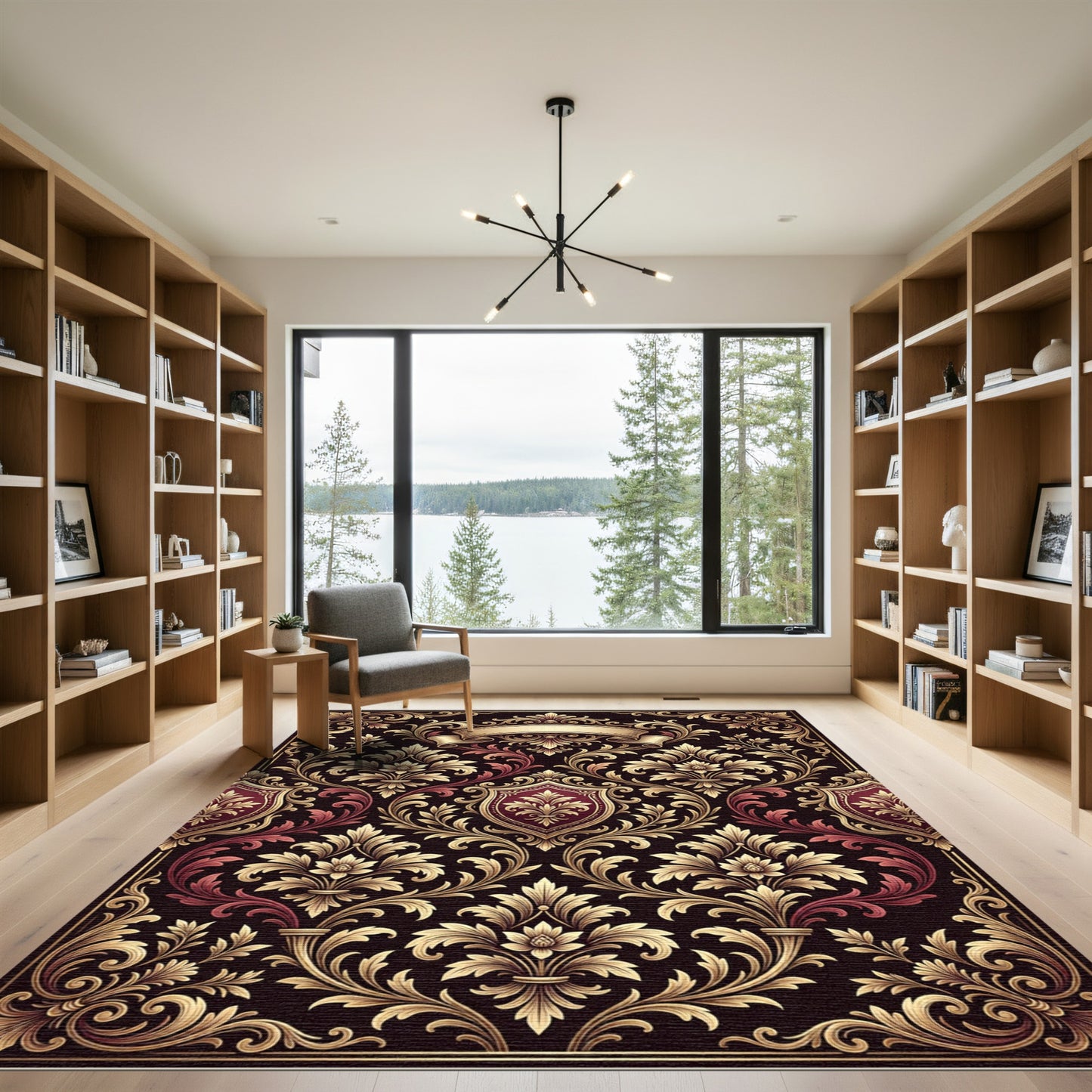 Onyx Crimson Floral Crest Scroll Rug