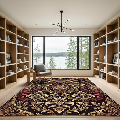 Onyx Crimson Floral Crest Scroll Rug