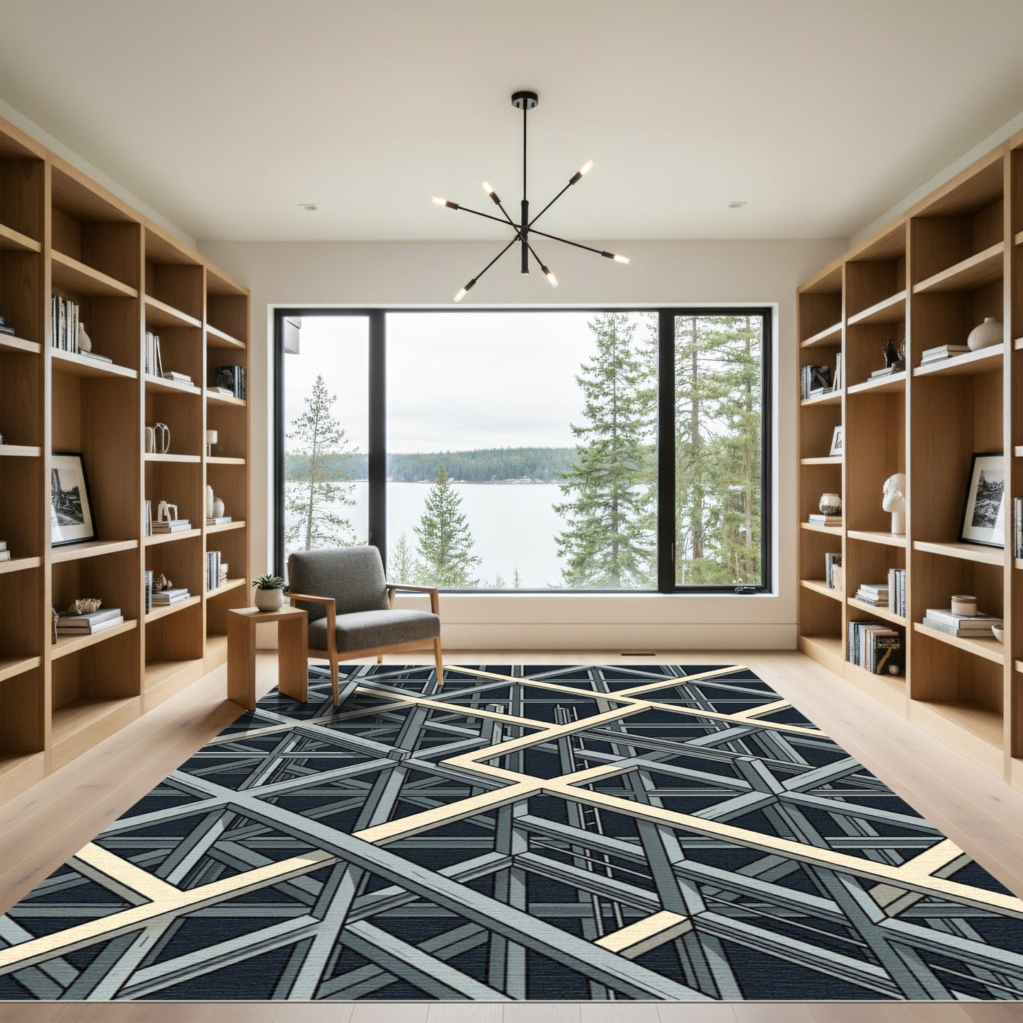 Monochromatic Industrial Geometric Steel Grid Rug