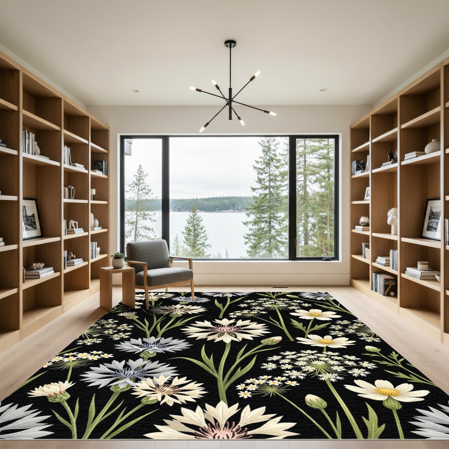 Elegant Botanical Cornflower Meadow on Black Rug