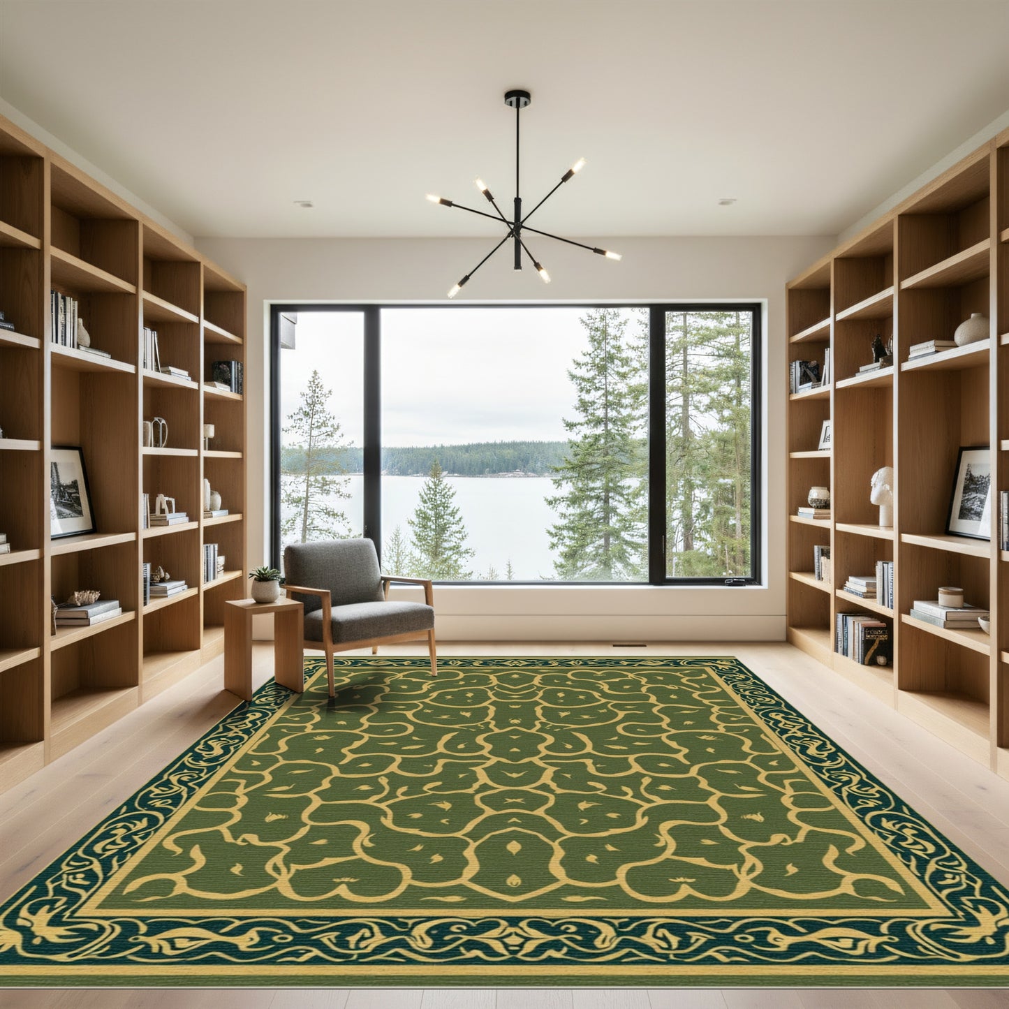 Olive Green Abstract Organic Border Rug