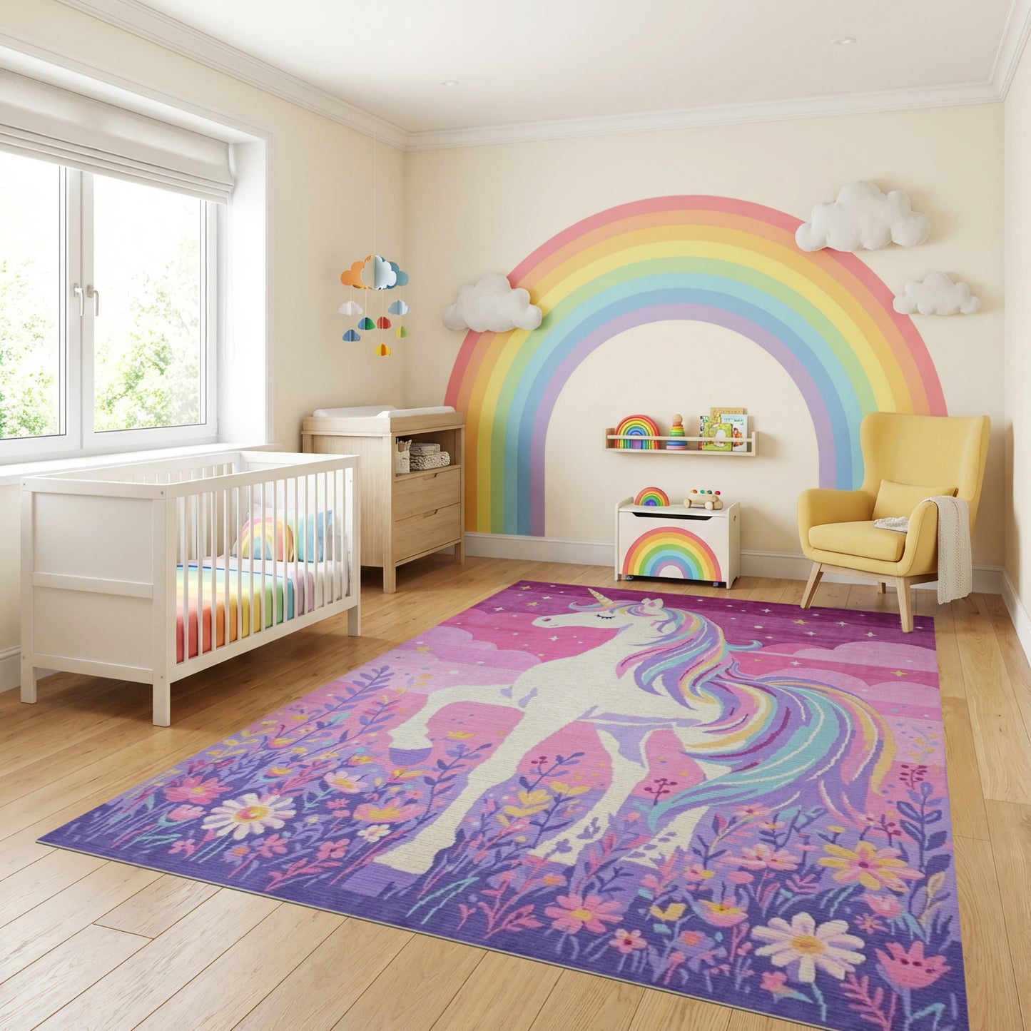 Whimsical Purple Unicorn Rainbow Stars Rug
