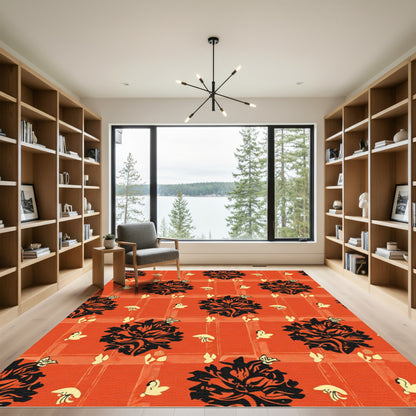 Bold Black Floral Garden Butterfly Rug