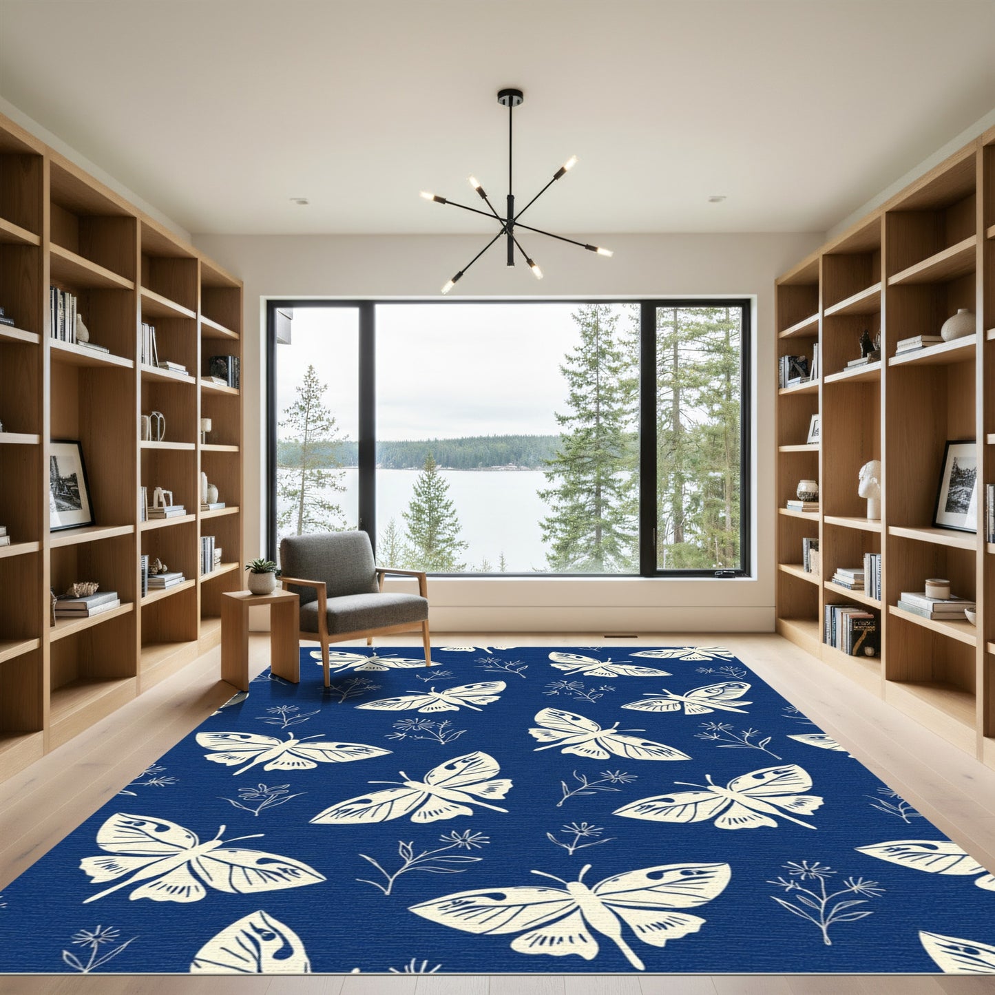 Cream Butterflies On Deep Blue Field Rug
