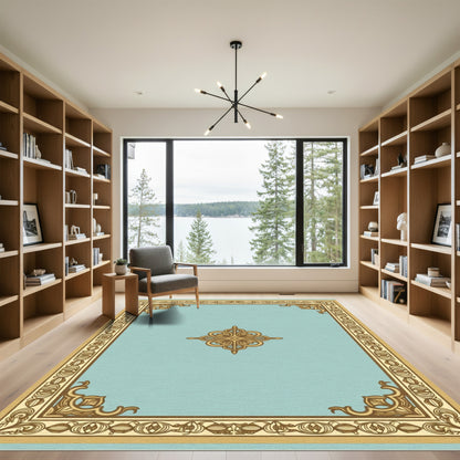 Golden Scroll Medallion Light Blue Rug