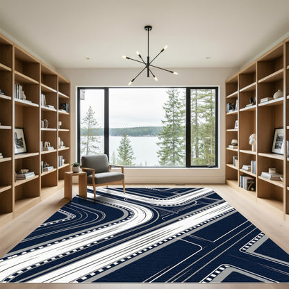 Modern Navy and White Geometric Freeway Rug