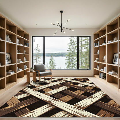 Rustic Brown Interwoven Wood Grain Weave Rug