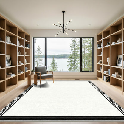 Black White Thin Striped Border Rug