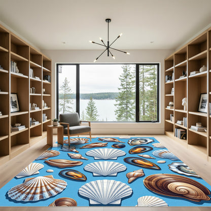 Blue Coastal Seashell Marine Ocean Art Rug