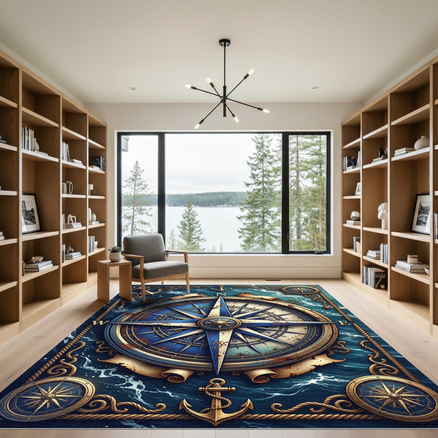 Nautical Compass Gold Blue Maritime Art Rug