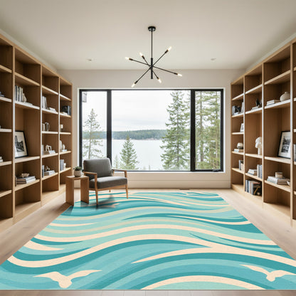 Coastal Blue Seagull Wave Rug