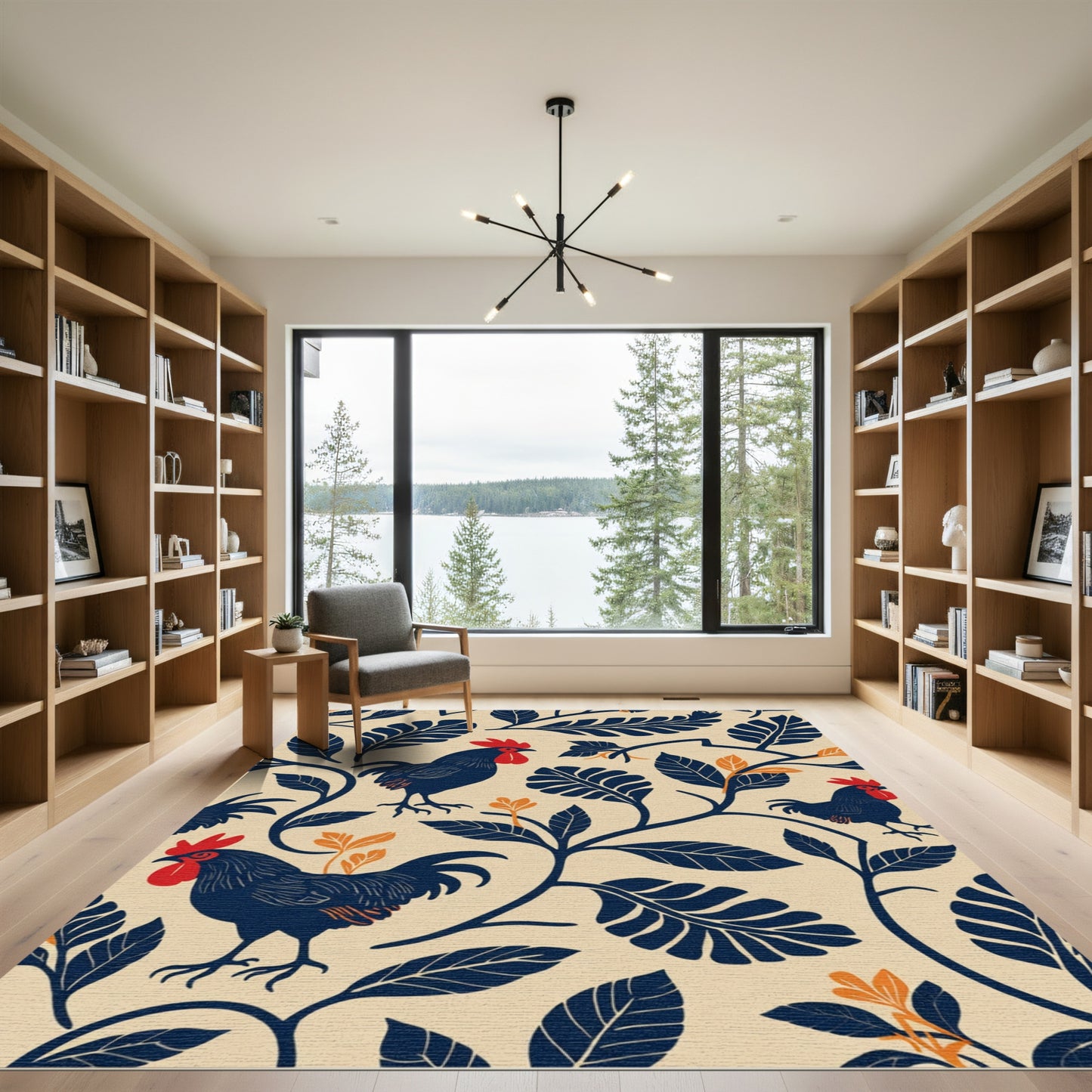Dark Blue Rooster With Red Accents Rug