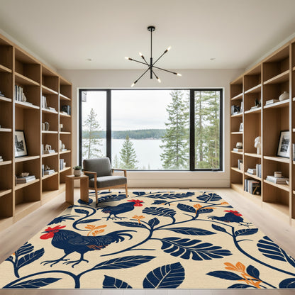 Dark Blue Rooster With Red Accents Rug