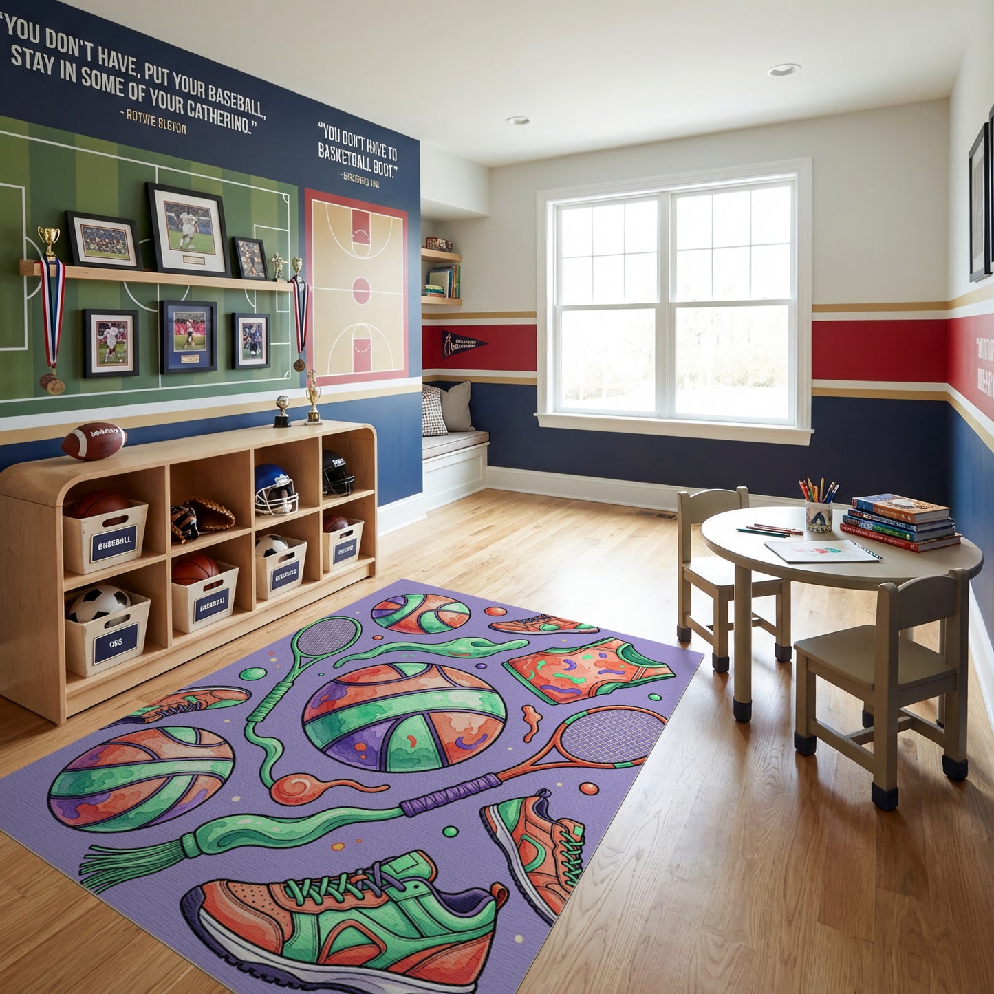 Vibrant Basketball Tennis Sneaker Pattern Rug