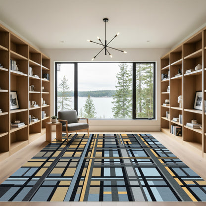 Geometric Grid Abstract Mustard Blue Rug