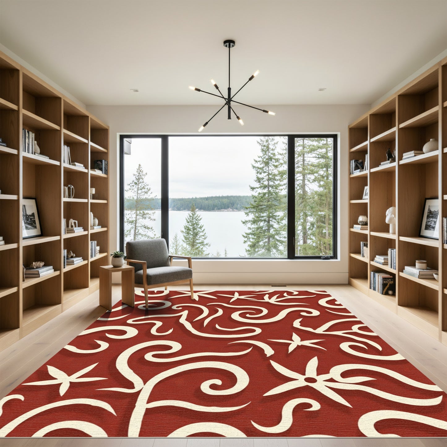 Crimson Swirl Starburst Abstract Rug