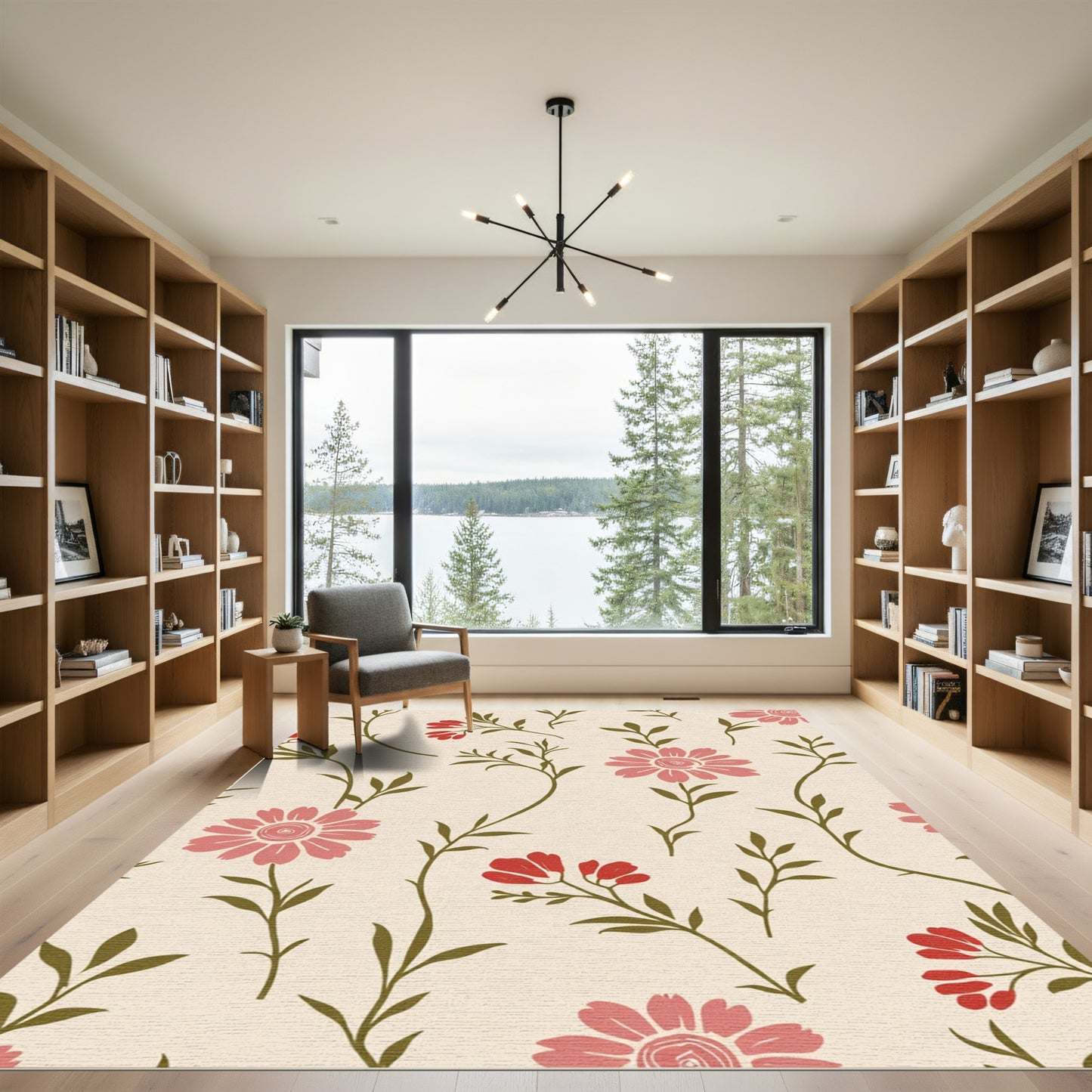 Pink Red Floral Branch Cream Rug
