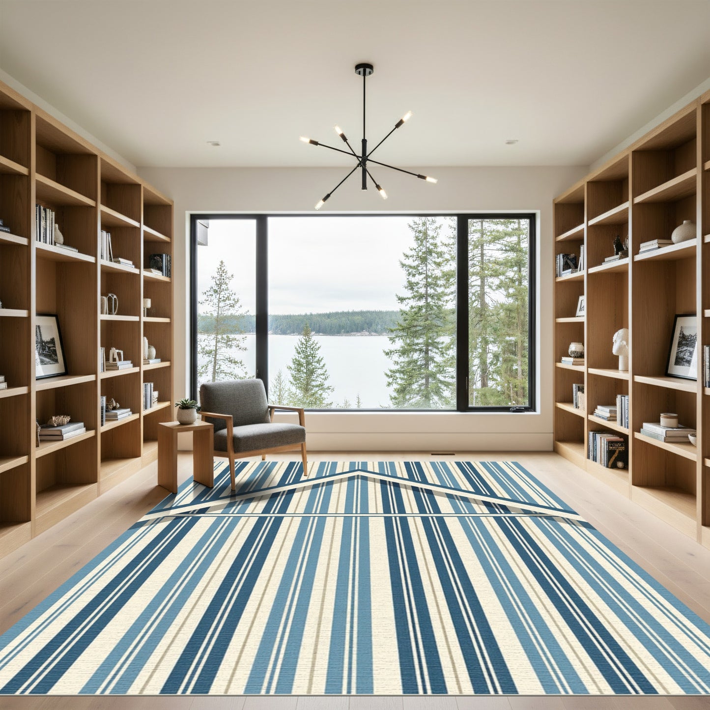 Modern Blue Ivory Linear Gabled Stripe Rug