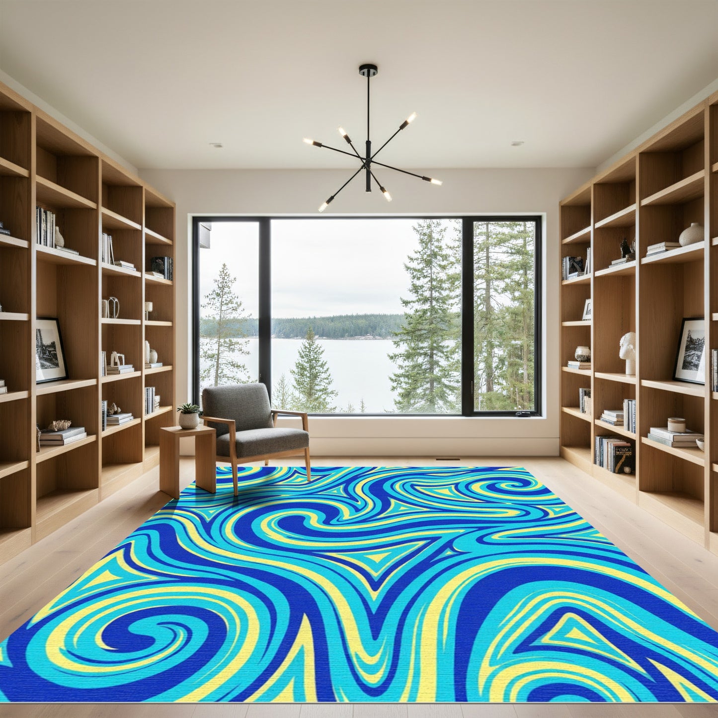 Vibrant Blue Yellow Swirl Abstract Rug