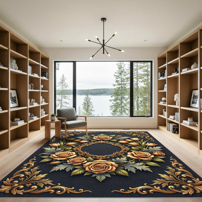 Elegant Gold Rose Floral Medallion Rug