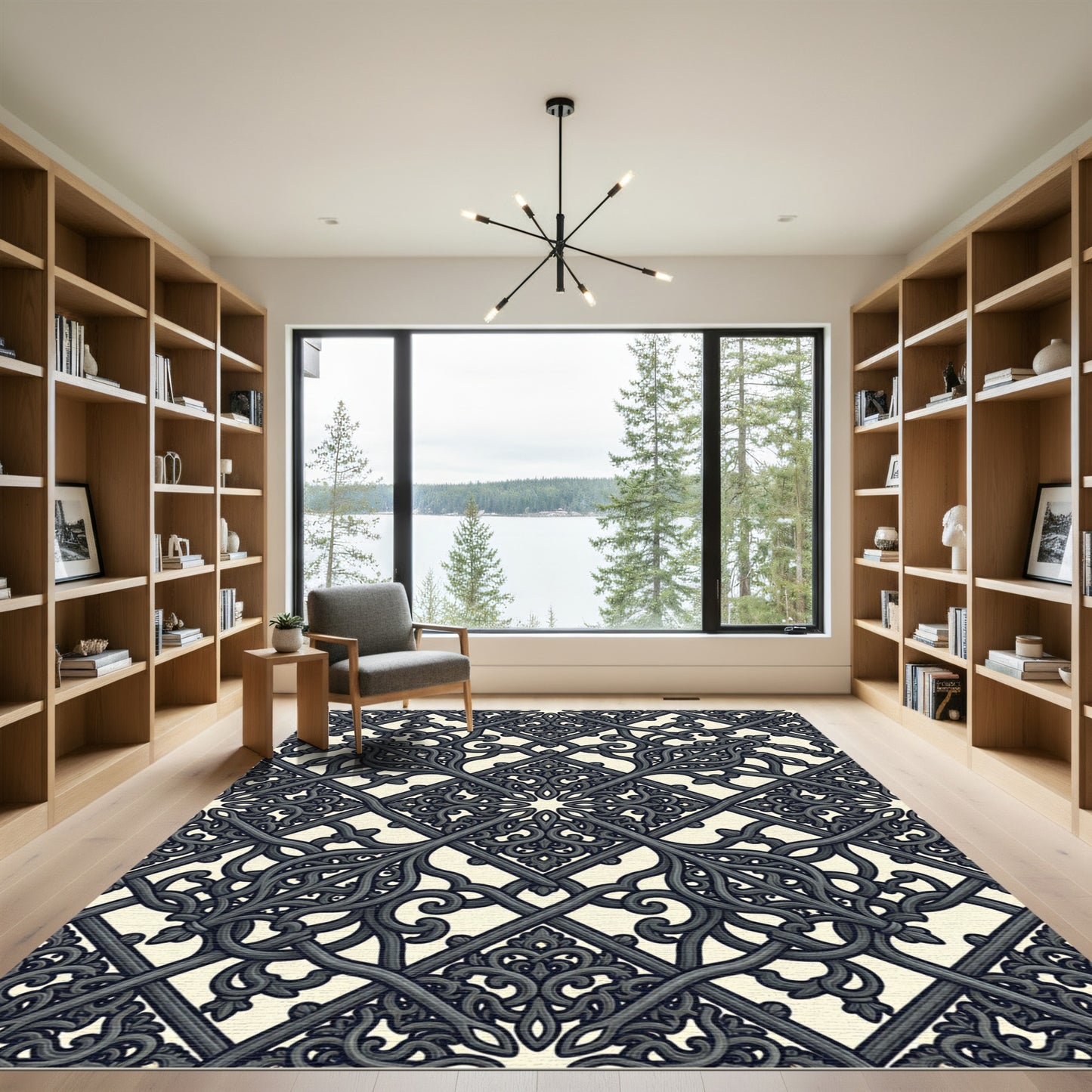 Ornate Black Interlocking Scrollwork Rug